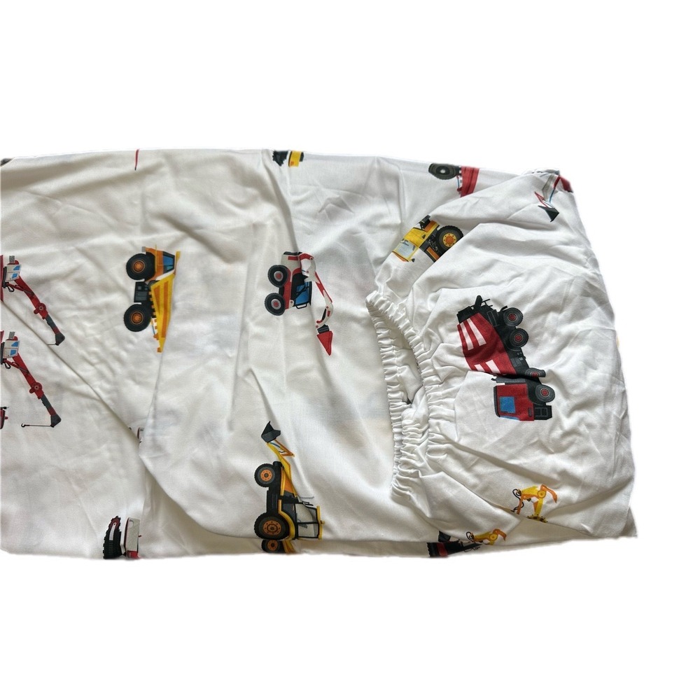 Construction Truck Fitted Crib Sheet White Toddler Bedding Excavator Crane Print - Picture 2 of 5